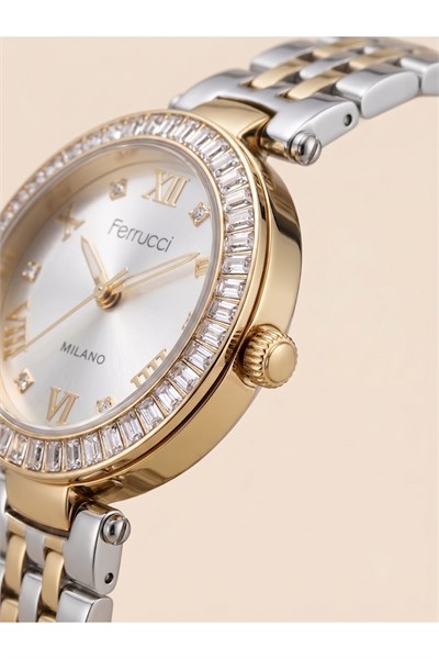 Milano Kadın Kol Saati 29 mm Küçük Kasa Taşlı Bezel Çift Renk Metal Kordon Gümüş Altın