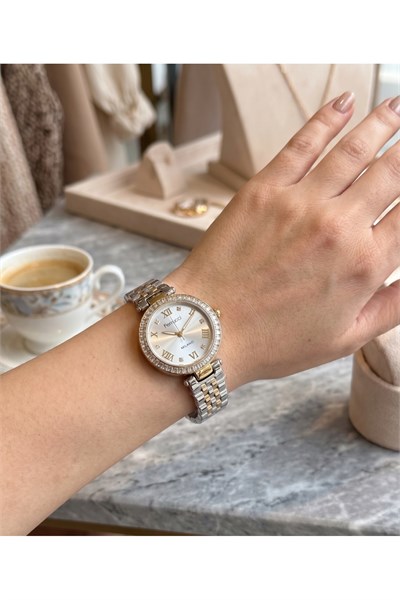 Milano Kadın Kol Saati 29 mm Küçük Kasa Taşlı Bezel Çift Renk Metal Kordon Gümüş Altın