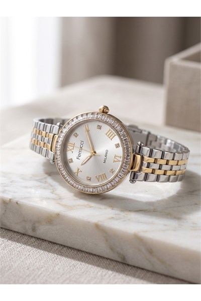 Milano Kadın Kol Saati 29 mm Küçük Kasa Taşlı Bezel Çift Renk Metal Kordon Gümüş Altın