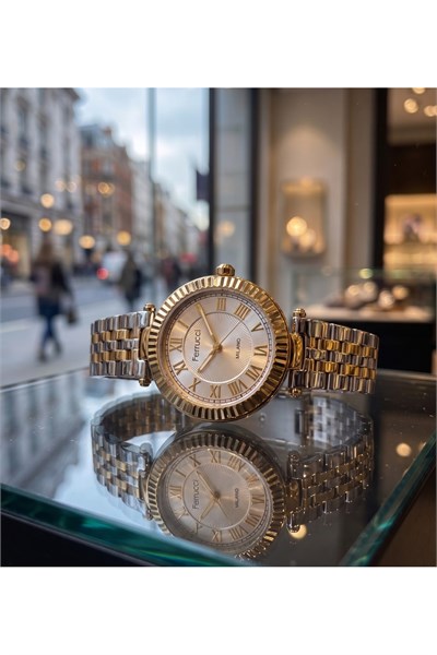Milano Kadın Kol Saati 35 mm Çift Renk Çelik Kordon Gold Gümüş Kasa Roma Rakamlı 3 ATM Sertleştirilmiş Mineral Cam