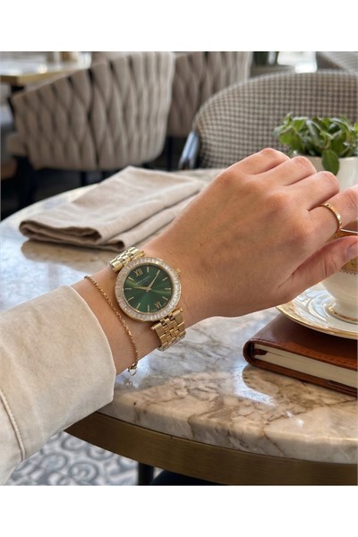 San Diego Human Made Kadın Kol Saati 34 mm Yeşil Kadran Gold Taşlı Bezel