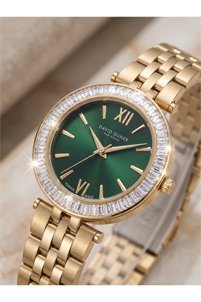 San Diego Human Made Kadın Kol Saati 34 mm Yeşil Kadran Gold Taşlı Bezel