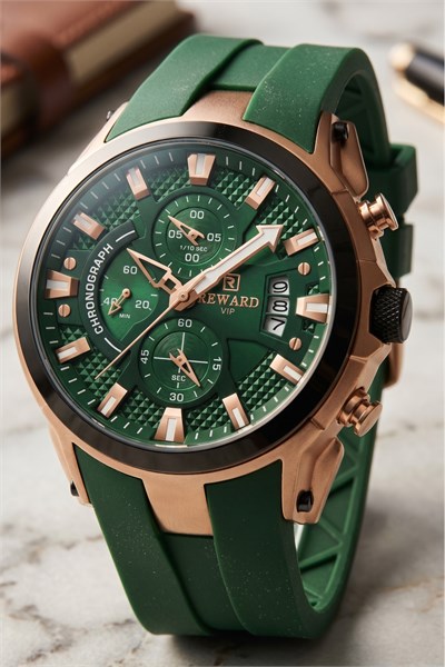 VIP Erkek Kol Saati 48 mm Bronz Ton Detaylı Yeşil Silikon Kordonlu