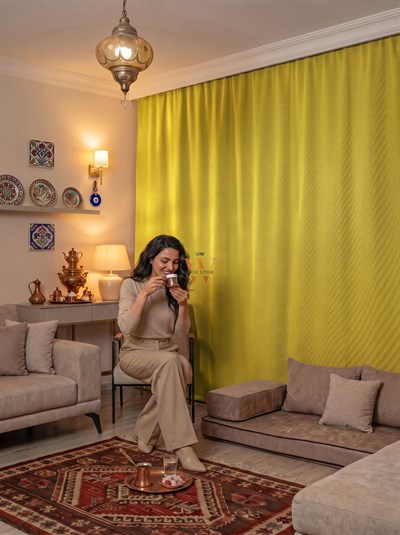Sarı Fon Perde, Güneşlik Blackout Karartma, Salon Yatak Odası Mutfak Cam Balkon
