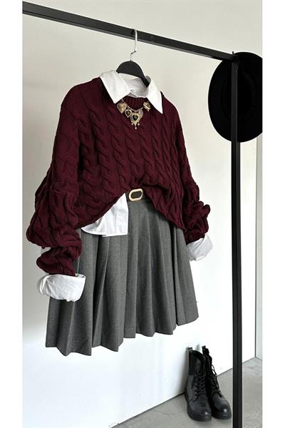 Bordo Oversize Saç Örgü Desenli Triko Kazak