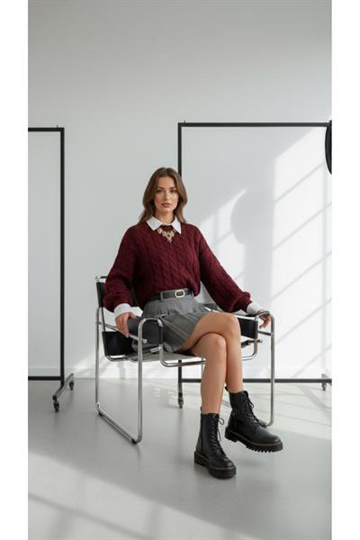 Bordo Oversize Saç Örgü Desenli Triko Kazak