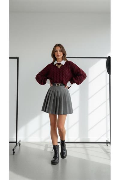 Bordo Oversize Saç Örgü Desenli Triko Kazak