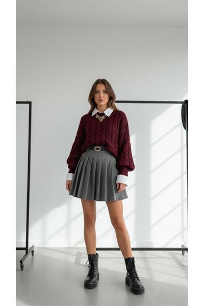 Bordo Oversize Saç Örgü Desenli Triko Kazak