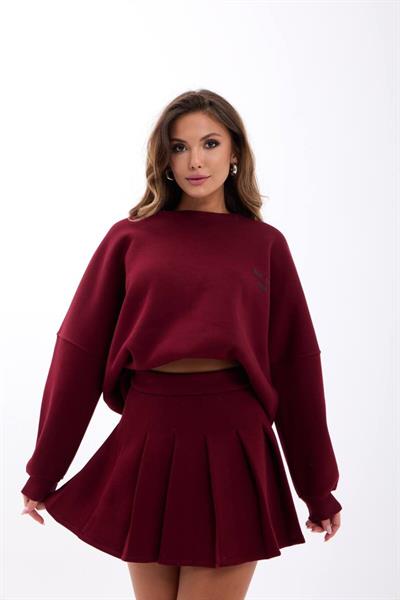 Bordo Oversize Sweatshirt ve Pileli Mini Etek Takımı