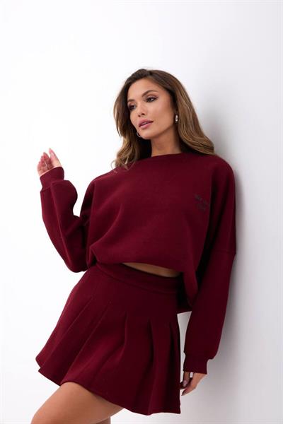 Bordo Oversize Sweatshirt ve Pileli Mini Etek Takımı
