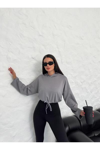Gri Büzgülü Bağcıklı Crop Kapüşonlu Sweatshirt