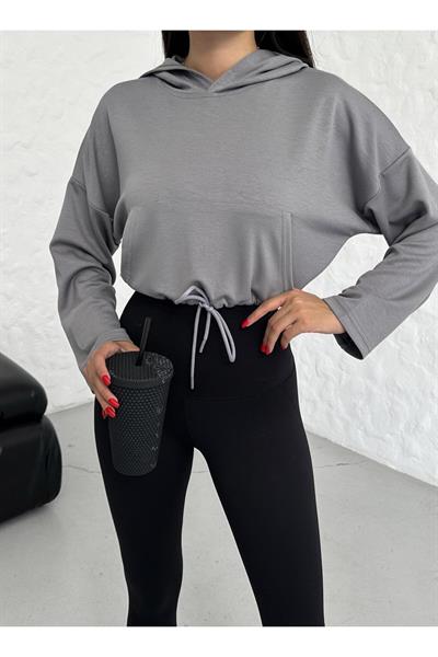Gri Büzgülü Bağcıklı Crop Kapüşonlu Sweatshirt
