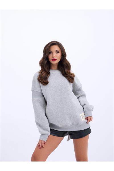Gri Oversize Bisiklet Yaka Sweatshirt