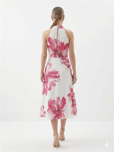 Halter Yaka Çiçek Desenli Midi Elbise