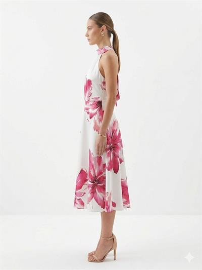 Halter Yaka Çiçek Desenli Midi Elbise