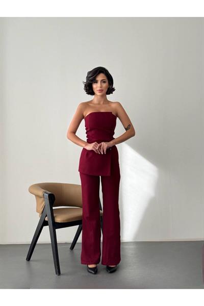 Kadın Abiye İp Bağlamalı Straplez Bol paça Uzun Tulum Bordo
