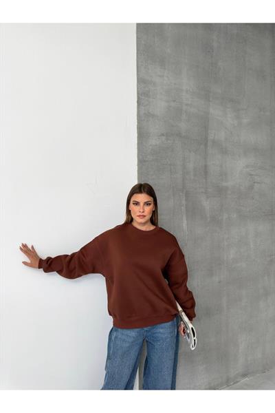 Kahverengi Oversize Bisiklet Yaka Sweatshirt