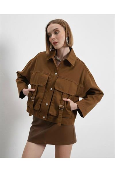 Kahverengi Oversize Tokalı Kargo Cepli Crop Ceket