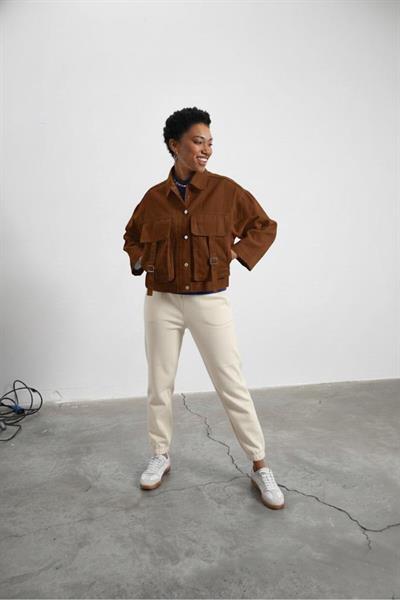 Kahverengi Oversize Tokalı Kargo Cepli Crop Ceket