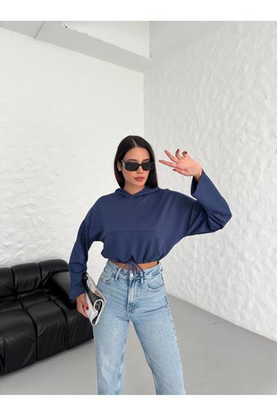 Lacivert Büzgülü Bağcıklı Crop Kapüşonlu Sweatshirt