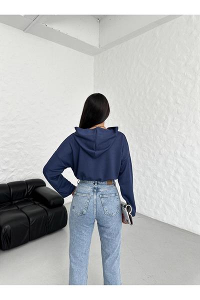 Lacivert Büzgülü Bağcıklı Crop Kapüşonlu Sweatshirt