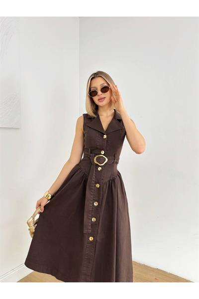 Lacivert Vintage Stil Kloş Kesim Uzun Kot Elbise