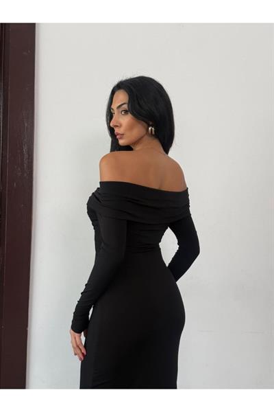 Madonna Yaka Önü Çapraz Eruna Siyah Kadın Elbise