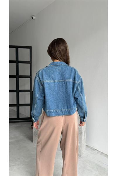 Mavi Oversize Bol Kesim Crop Kot Ceket