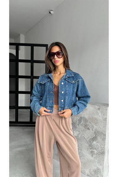 Mavi Oversize Bol Kesim Crop Kot Ceket