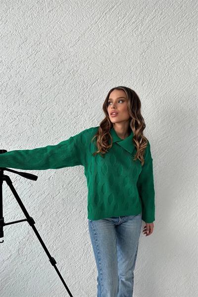 Oversize Polo Yaka Desenli Triko Kazak