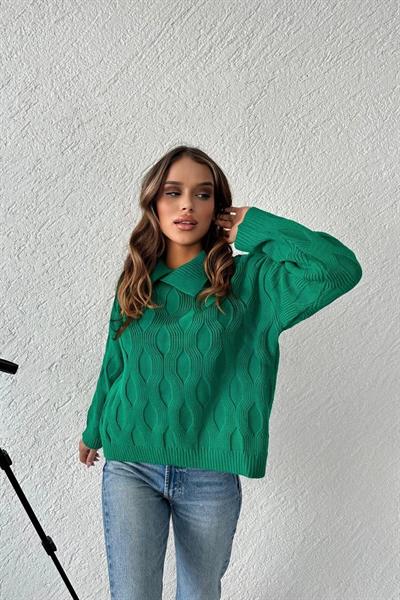 Oversize Polo Yaka Desenli Triko Kazak