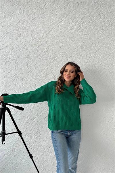 Oversize Polo Yaka Desenli Triko Kazak
