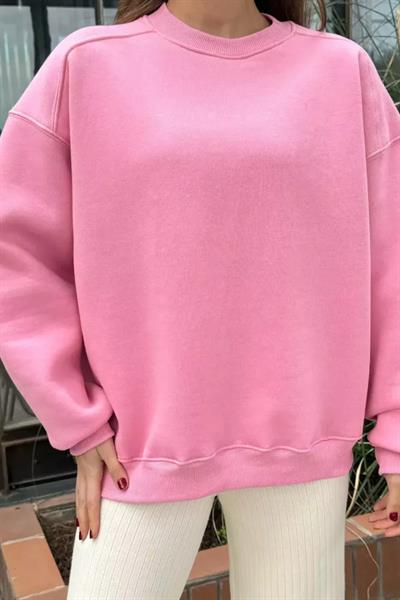 Pembe Oversize Bisiklet Yaka Sweatshirt