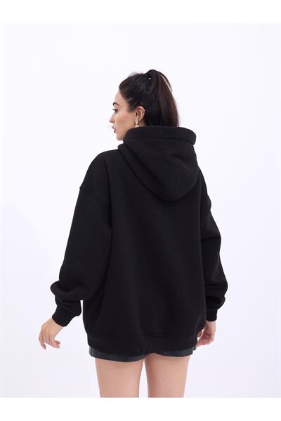 Siyah Kanguru Cepli Renkli Şeritli Sweat