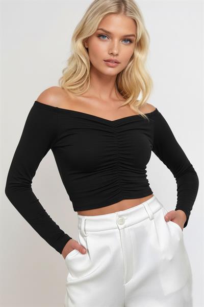 Siyah Omuz Açık Uzun Kollu Büzgülü Crop Top