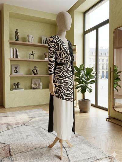 Zebra Desenli Blok Renkli Kuşaklı Midi Elbise