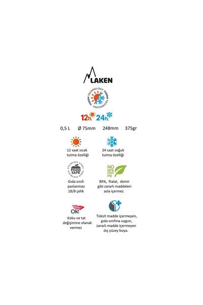 Laken Çelik 18/8 Bardak Kapaklı Termos Şişe 0,50L - Haki LK1850K