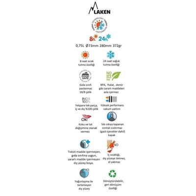 Laken Çelik 18/8 Classic Termos Şişe 0,75L - Sarı LKTA7Y