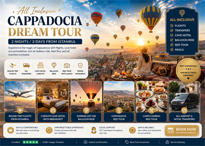 All Inclusive 2 Nights / 3 Days Cappadocia Hot Air Balloon Package from Istanbul with Flights, Cave Hotel & Red Tour
