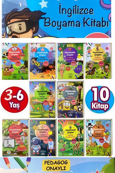 Eğlenceli 3-7 Yaşa Uygun Ingilizce Boyama Kitabı Seti 10 Kitap