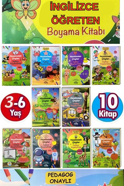 Eğlenceli 3-7 Yaşa Uygun Ingilizce Boyama Kitabı Seti 10 Kitap