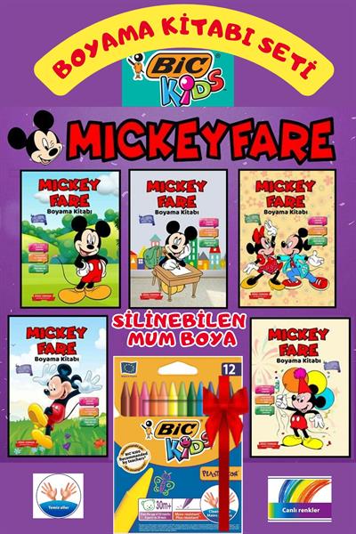 MİCKEY FARE BOYAMA 5 KİTAP+BİC KİDS SİLİNEBİLEN MUM BOYA SETİ