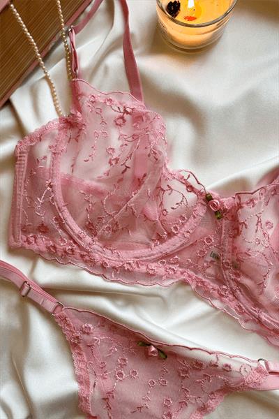 Lola of Shine Celeste C Cup Pembe Çiçekli Dantel Balenli Bralet Külot Seti