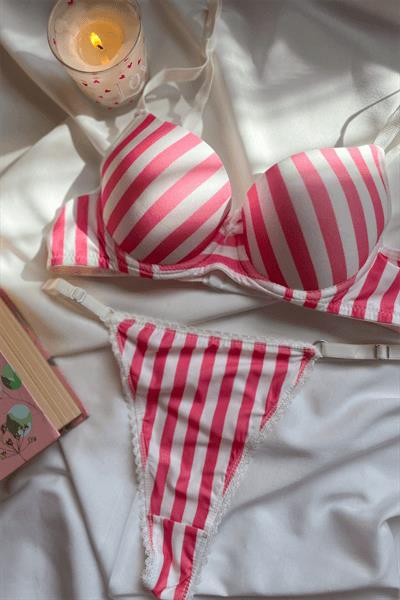  Grazia Koleksiyonu Pembe Çizgili Push-Up Bralet & Tanga Seti 