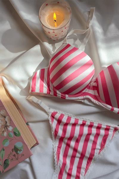  Grazia Koleksiyonu Pembe Çizgili Push-Up Bralet & Tanga Seti 