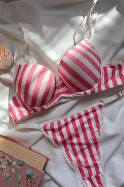  Grazia Koleksiyonu Pembe Çizgili Push-Up Bralet & Tanga Seti 