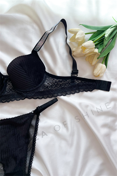 Daphne Koleksiyonu – Dantel ve Taş  Detaylı Siyah  Bralet & Külot Seti 
