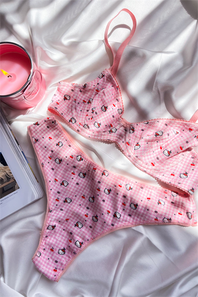 Kitty Koleksiyonu –Pembe Pamuklu Dantel Detaylı Bralet & Külot Seti 