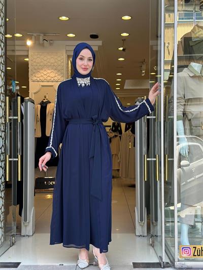 ÖN YAKA İŞLEME ABAYA-LACİVERT