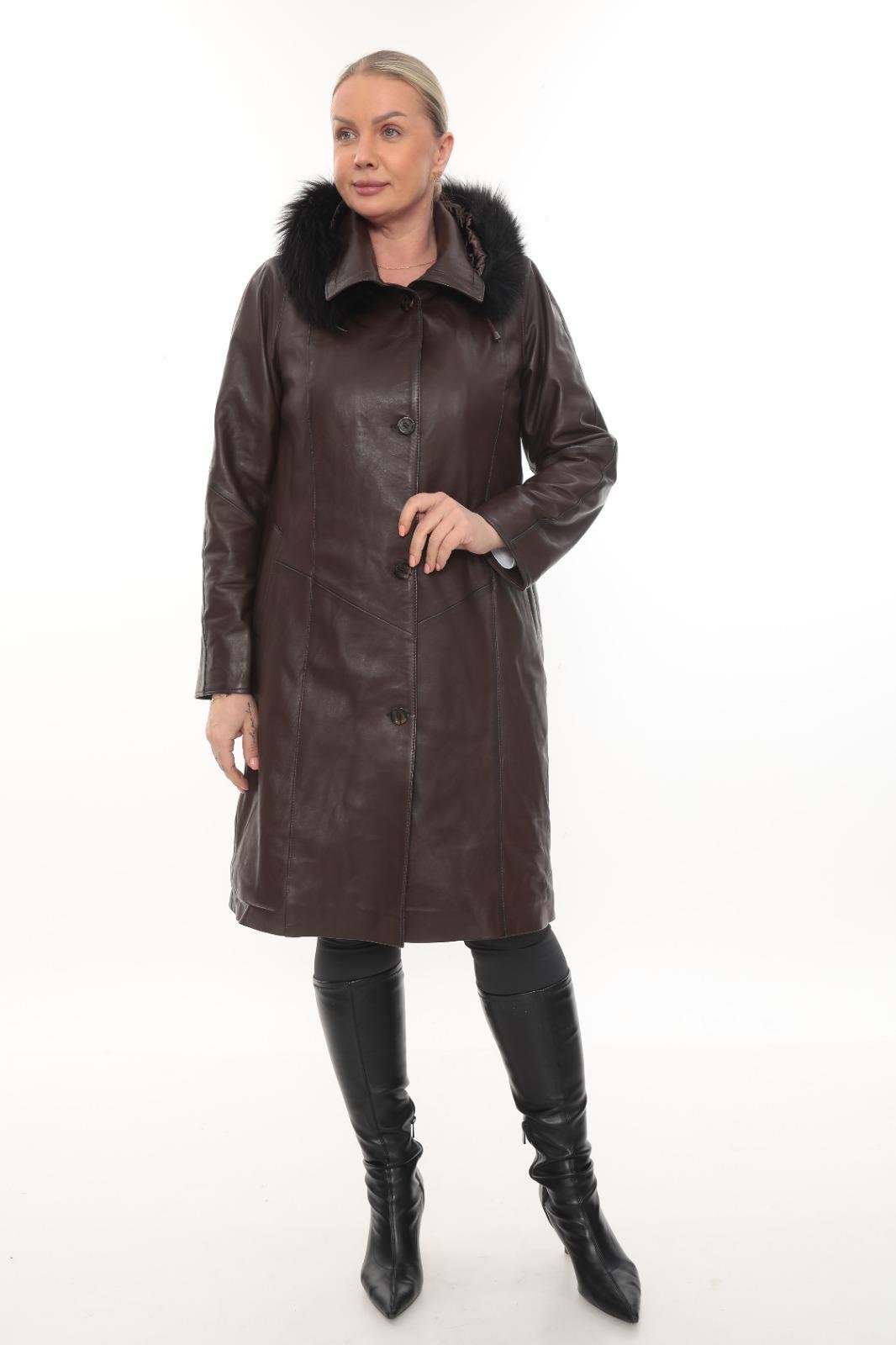  Tüylü Kapişonlu Rahat Kesim Uzun Deri Mont Fındık Renk 